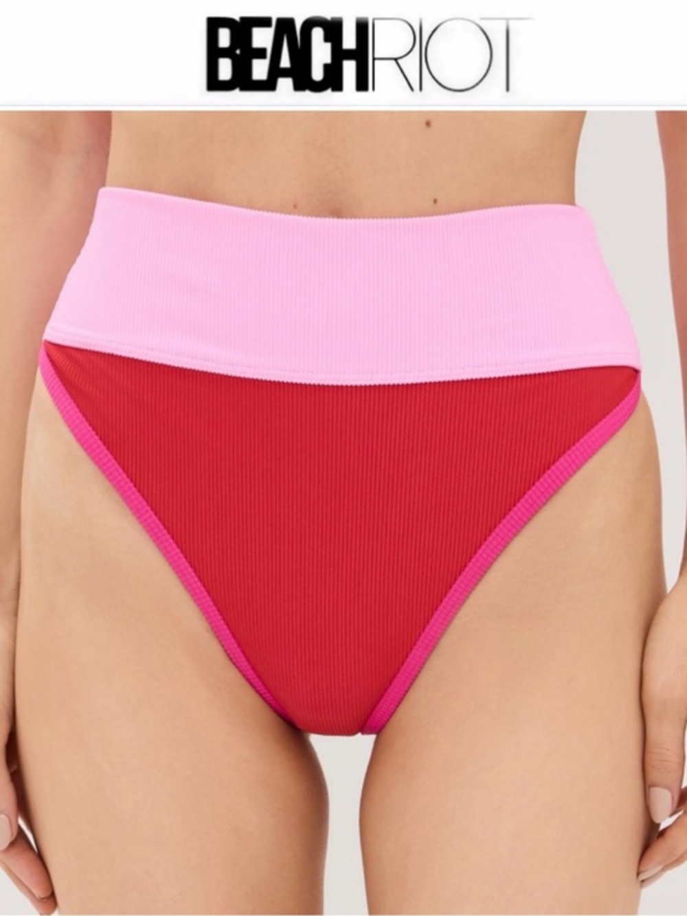 Beach Riot Emmy Bikini Bottoms Pink & Red Colorblock High-Waist XS NWT $98